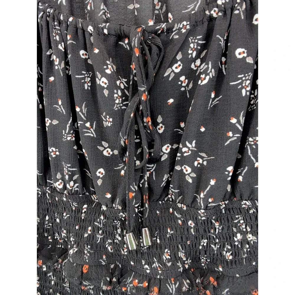 Free People Women's Black Floral Smocked Printed Lolita‎ Blouse Top Size S